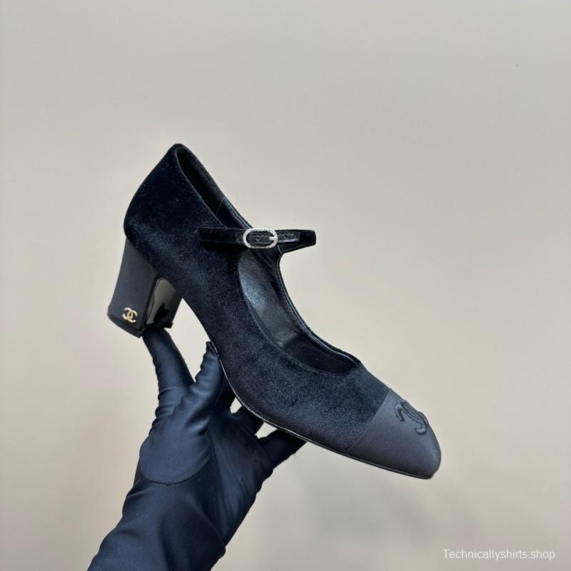 2025 Women Chanel Black Velvet Leather Mary Jane CC Logo KFY00290