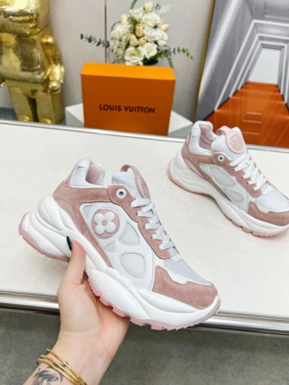 2025 Women Louis Vuitton White Pink Suede Mesh Sneakers LY00340