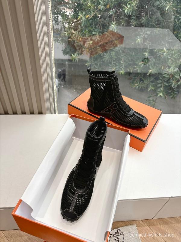 2025 Women Hermès Black Mesh Leather Boots