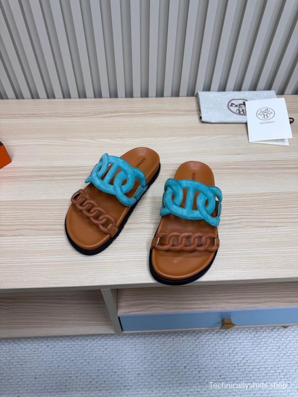 2025 Slippers Hermès Blue Brown Leather Slippers