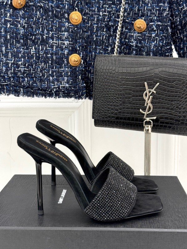 2025 Women Yves Saint Laurent Black Rhinestone Leather High Heel Slippers LY00300