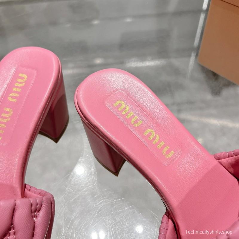 2025 Women Miu Miu Pink Sheepskin Heeled Sandals Quilted KFY00250