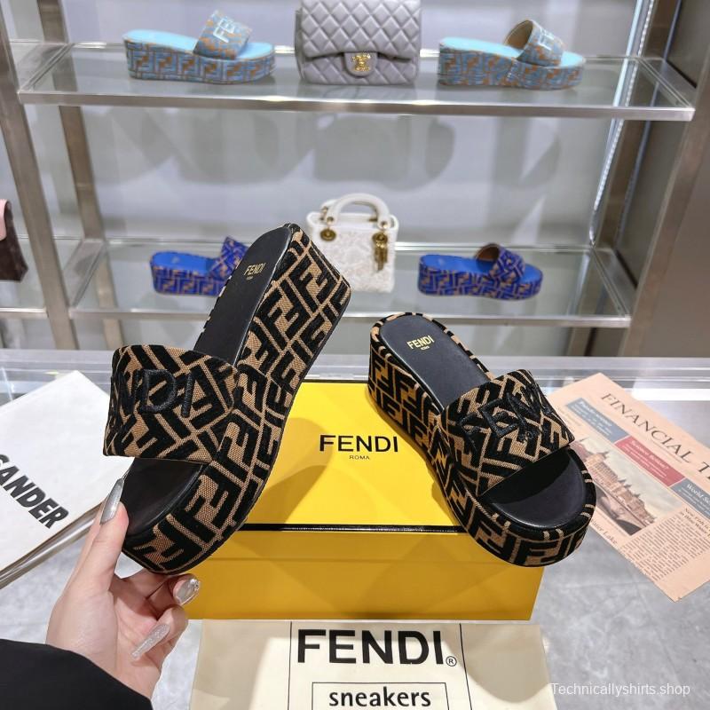 2025 Slippers Fendi Black Brown Canvas Platform FF Jacquard KFY00240