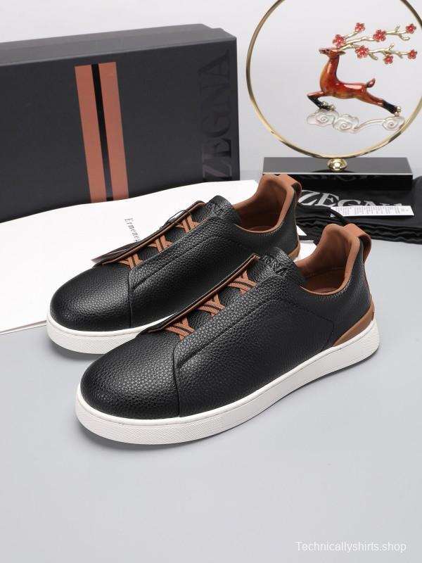 2024 Men Ermenegildo Zegna Black Brown Leather Sneakers MJ00240