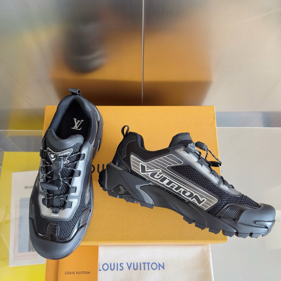 2025 Men Louis Vuitton Black Grey Mesh Fabric Sneakers MJ00390