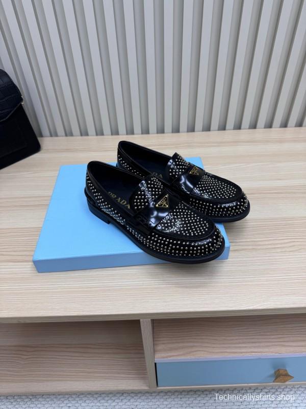 2025 Women Prada Black Leather Loafers Studded LY00340