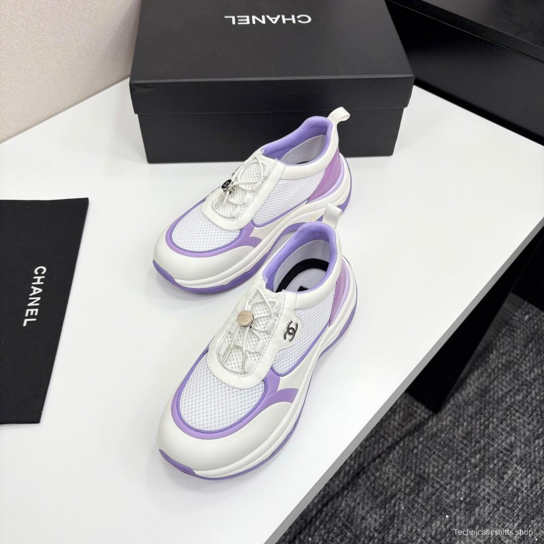 2025 Women Chanel White And Purple Leather And Mesh Casual Sneakers Chunky Sole Classic Logo LY00360(F)