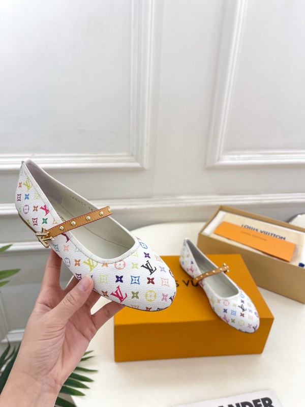 2025 Women Louis Vuitton White Multicolor Canvas Ballet Flat MJ00300