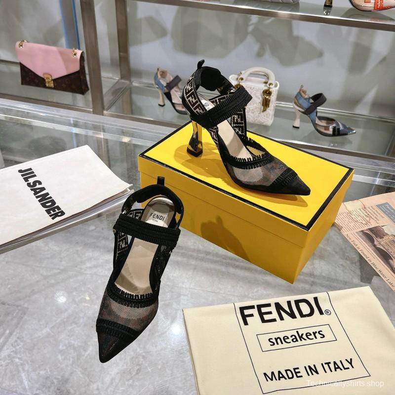 2025 Women Fendi Black Beige Mesh Leather Heels MJ00280