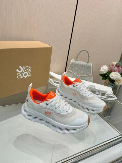 2025 Women Loewe White Orange Mesh Leather Sneakers