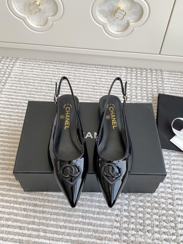 2025 Women Chanel Black Patent Leather Slingback Pumps KFY00300
