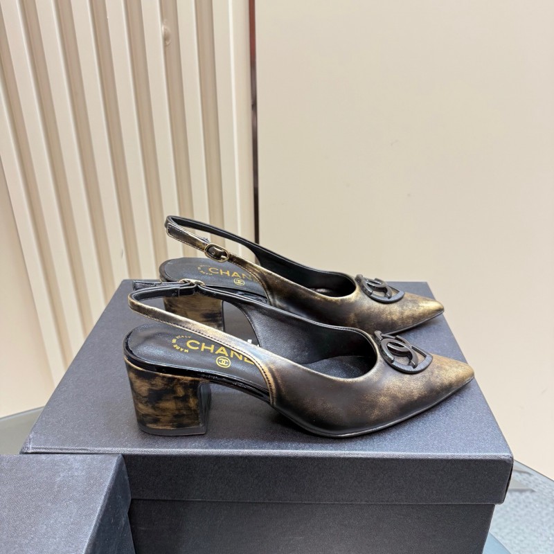 2025 Women Chanel Gold Black Leather Slingback Heel