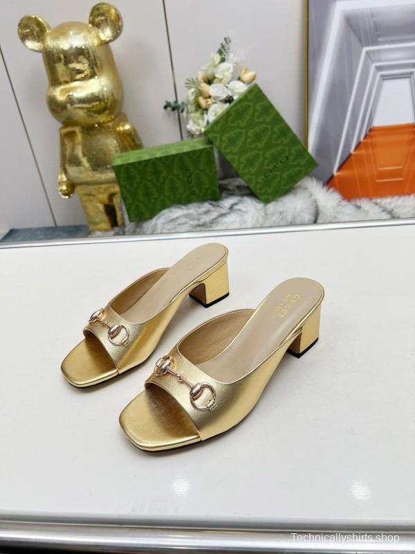 2025 Women Gucci Gold Leather Heeled Slip-On Horsebit MJ00180