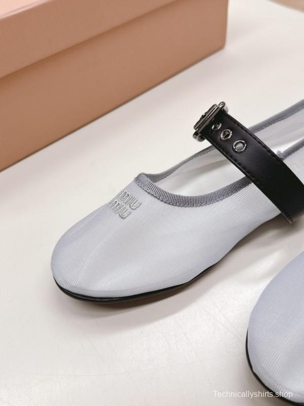 2025 Women Miu Miu White Black Mesh Leather Ballet Flats LY00230