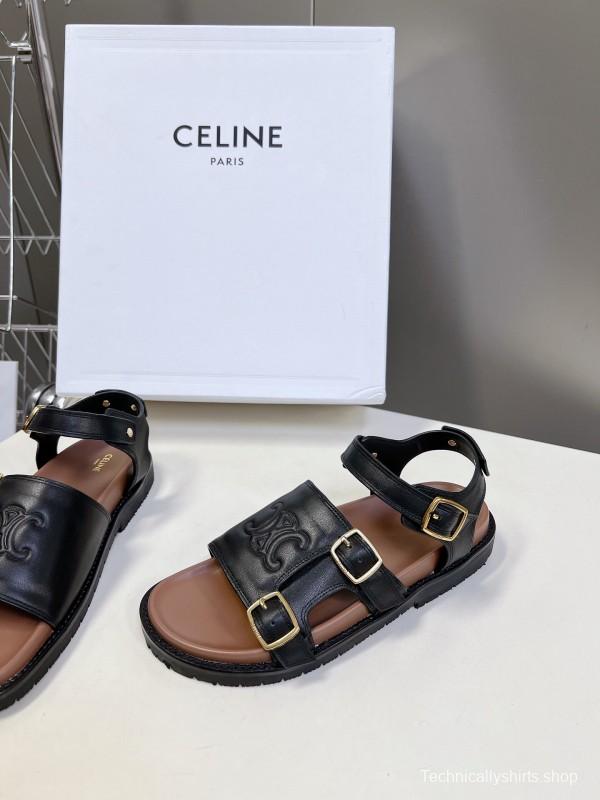 2025 Women Celine Black Leather Sandals Buckle KFY00280