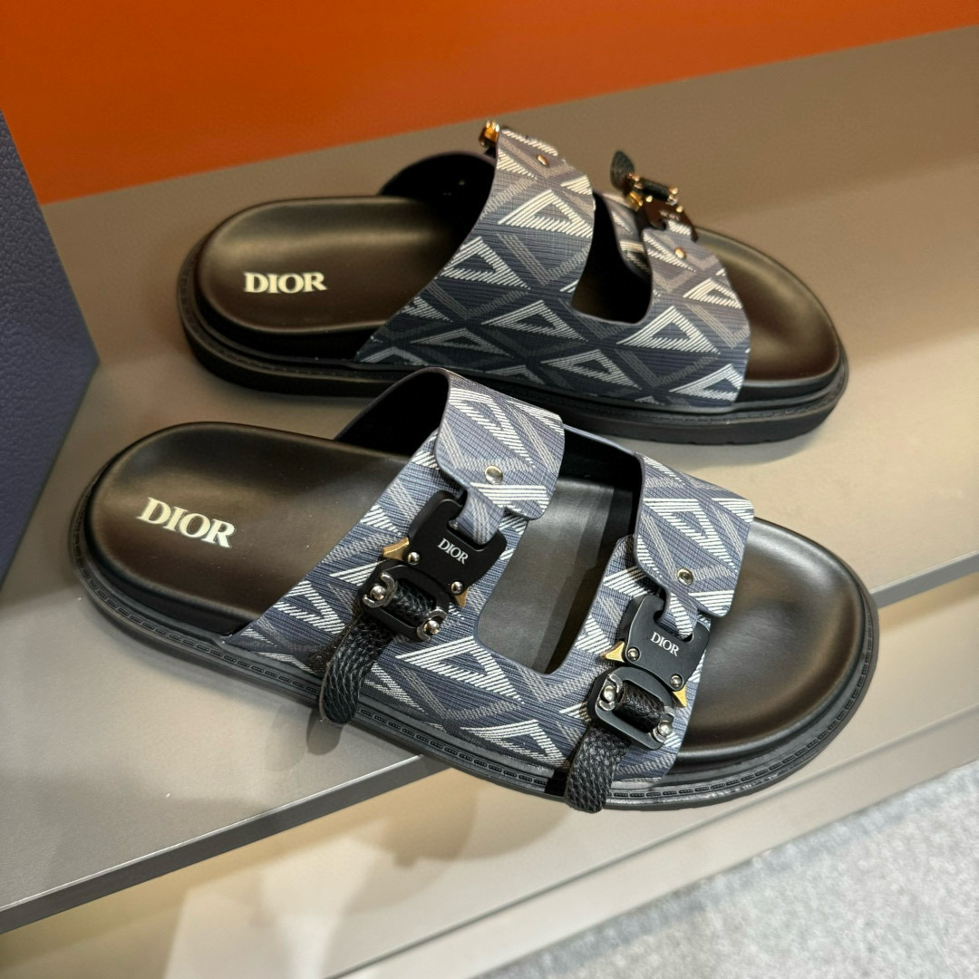 2024 Slippers Dior Grey Black Fabric Slippers MJ00200