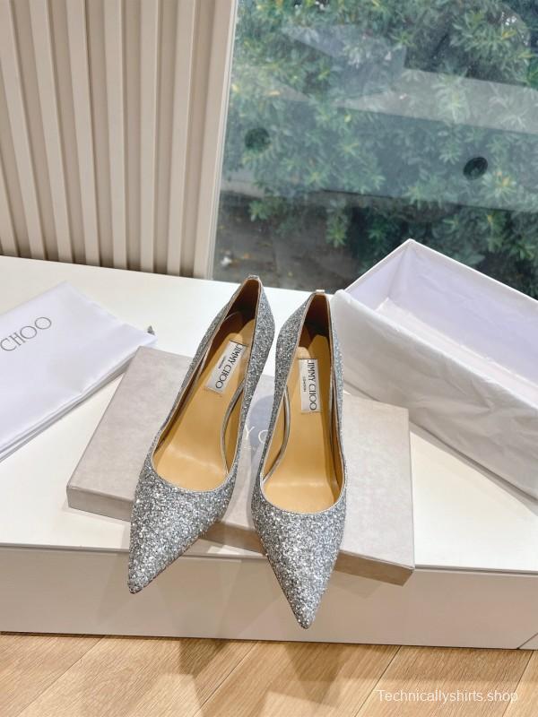 2025 Women Jimmy Choo Silver Glitter Leather Pointed Toe Pumps