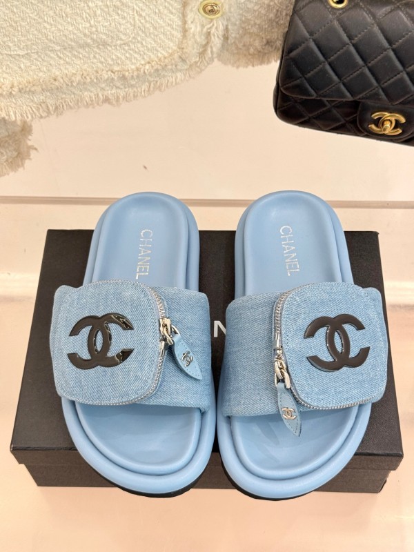 2025 Slippers Chanel Light Blue Denim Slippers KFY00220