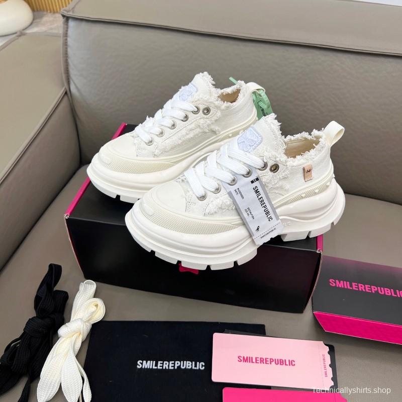 2025 Unisex Smile Republic White Canvas Thick Sole Casual Sneakers Frayed Edge LY00291