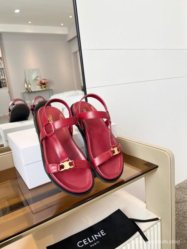 2025 Women Celine Red Leather Sandals LY00220