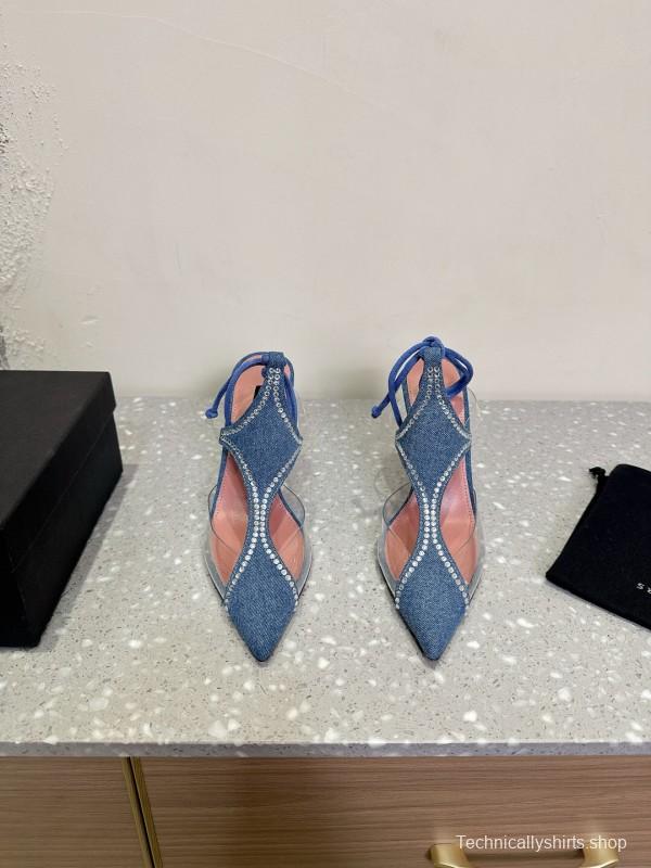 2025 Women Les Petits Joueurs Blue Denim Satin Leather Heels KFY00290