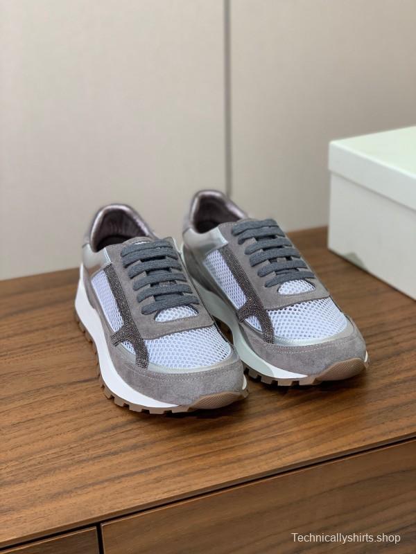 2025 Unisex Brunello Cucinelli Grey White Suede Mesh Leather Sneakers Handcrafted Beaded Chain KFY00310