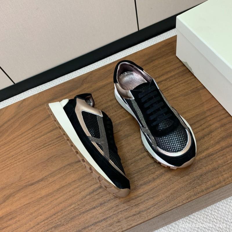 2025 Women Brunello Cucinelli Black Rose Gold Mesh Suede Leather Sneaker