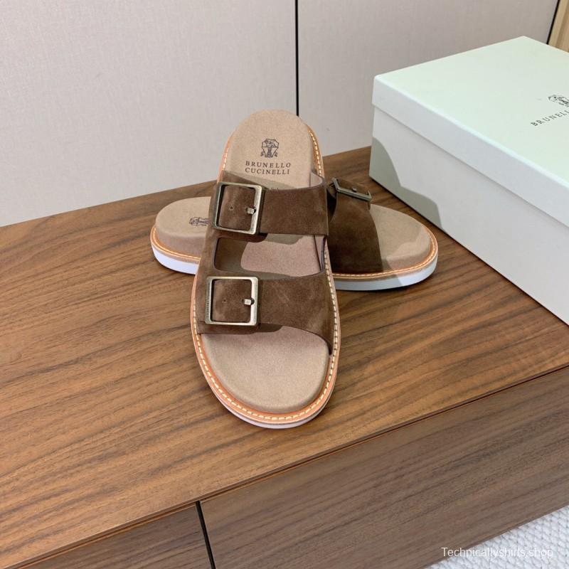 2025 Unisex Brunello Cucinelli Brown Suede Leather Slippers KFY00250