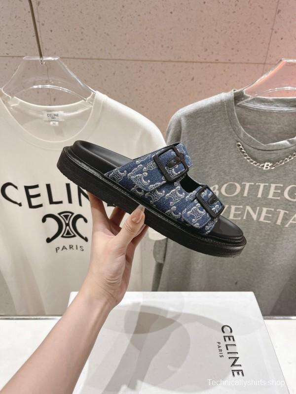 2025/Unisex CELINE Blue Denim Buckled Slide Sandals Stylish Comfort KFY00280