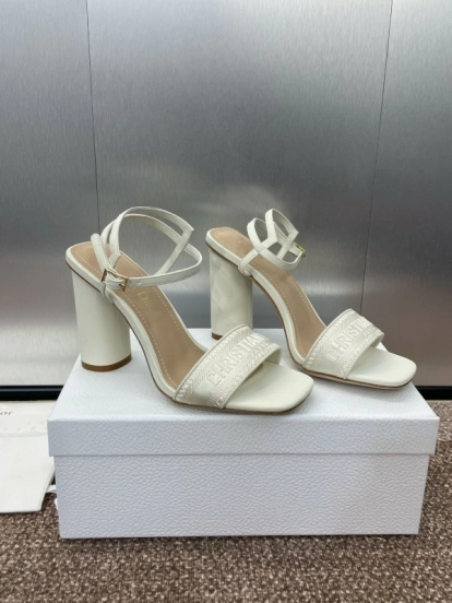 2025 Women Dior White Leather High Heel Embroidered Sandals