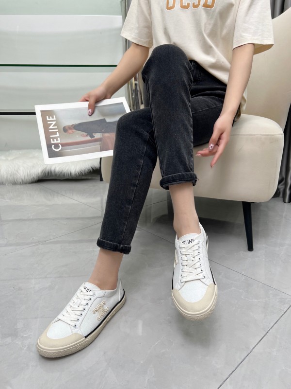 2025 Women Celine White Canvas Leather Low Top Sneakers LY00210