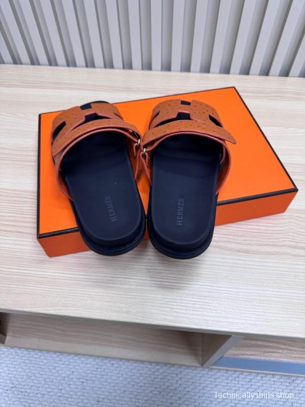 2025 Women Hermès Brown Black Leather Slippers
