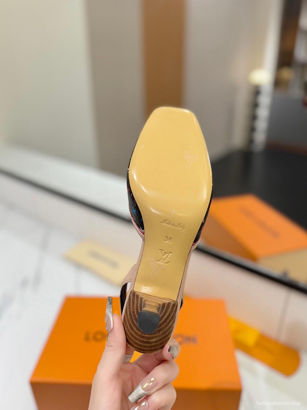 2025 Women Louis Vuitton Multicolor Black Leather Slingback Kitten Heel KFY00310