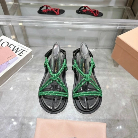 2025 Women Miu Miu Green Black Rope Leather Sandals