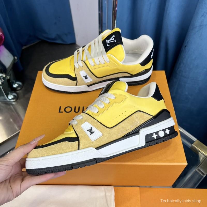 2025 Men Louis Vuitton Yellow Black Leather Suede Sneakers