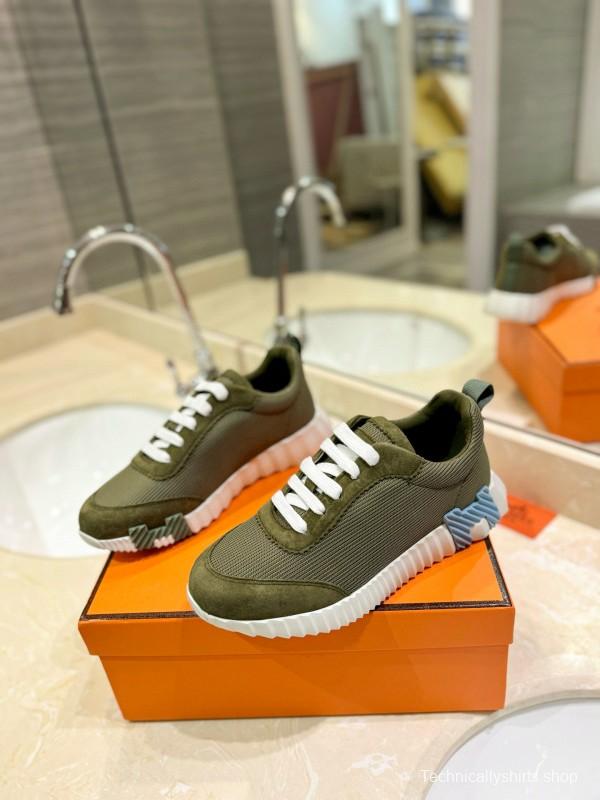 2024 Unisex Hermès Green Khaki Imported Silk Leather Sneakers MJ00320