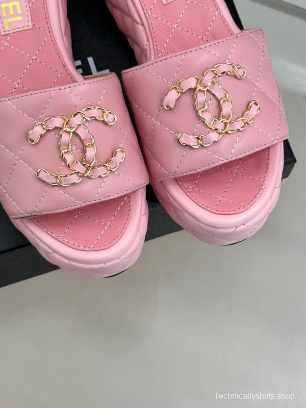 2025 Women Chanel Pink Leather Platform Slide Sandals