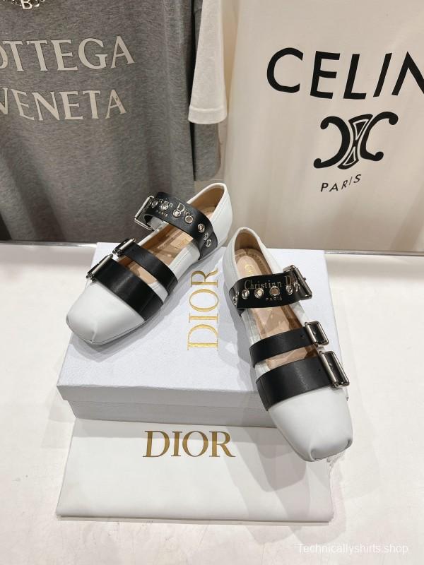 2025 Women Dior White Black Leather Mary Jane Buckle KFY00300