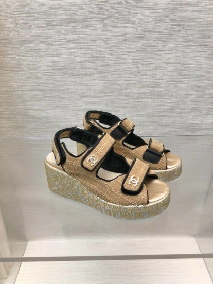 2025 Women Chanel Beige Black Leather Sandals Platform Thick Sole LY00330