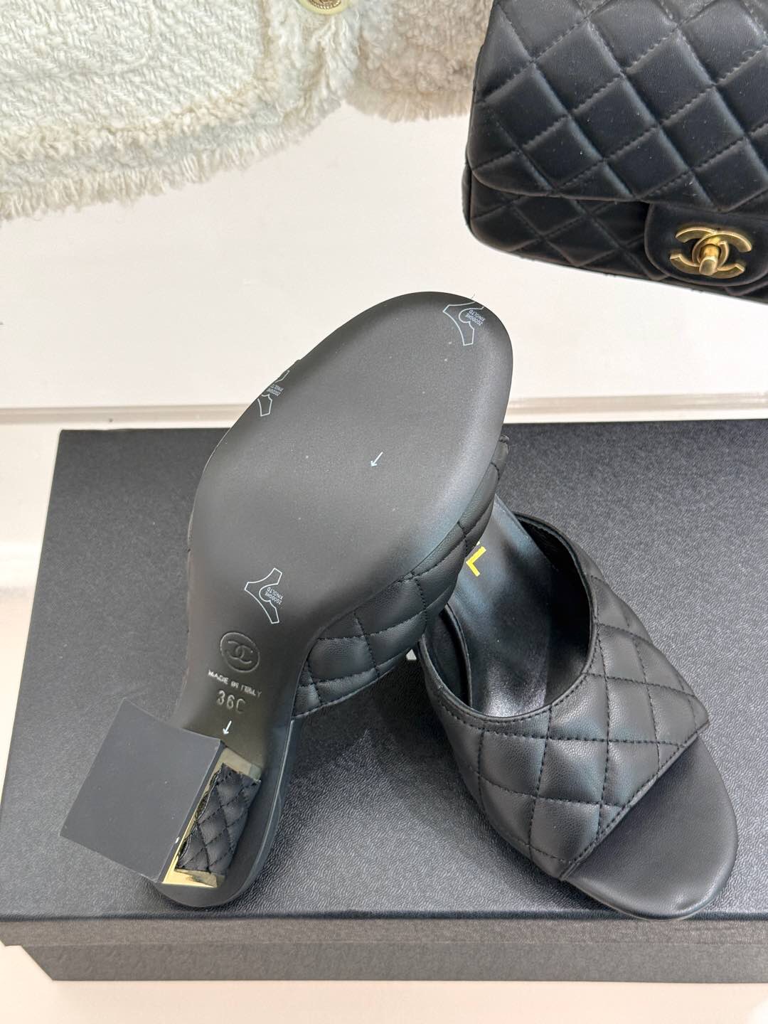 2025 Women Chanel Black Sheepskin Quilted High Heel Sandals