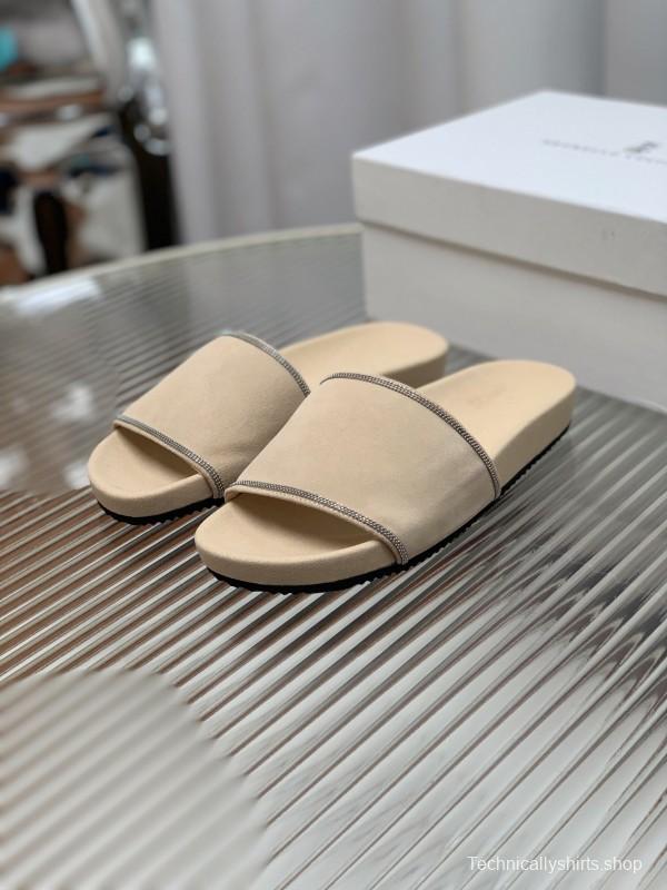 2025 Women Brunello Cucinelli Beige Suede Flat Slide Sandals Handmade Detailing KFY00240 (F)