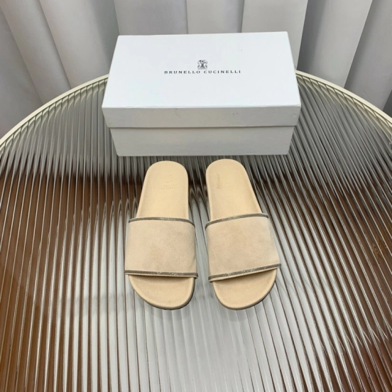 2025 Women Brunello Cucinelli Beige Suede Flat Slide Sandals Handmade Detailing KFY00240 (F)