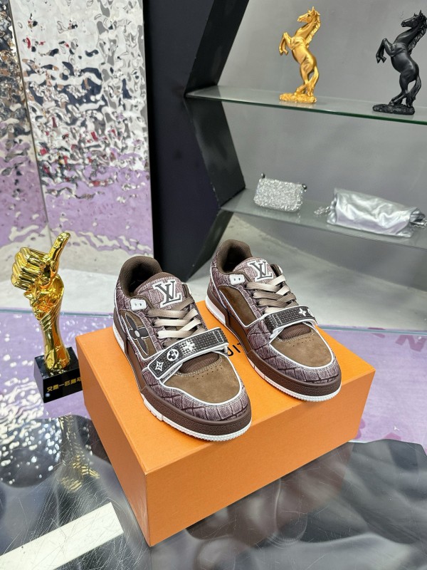 2024 Unisex Louis Vuitton Brown Silk Leather Denim Plimsolls Magic Tape MJ00410