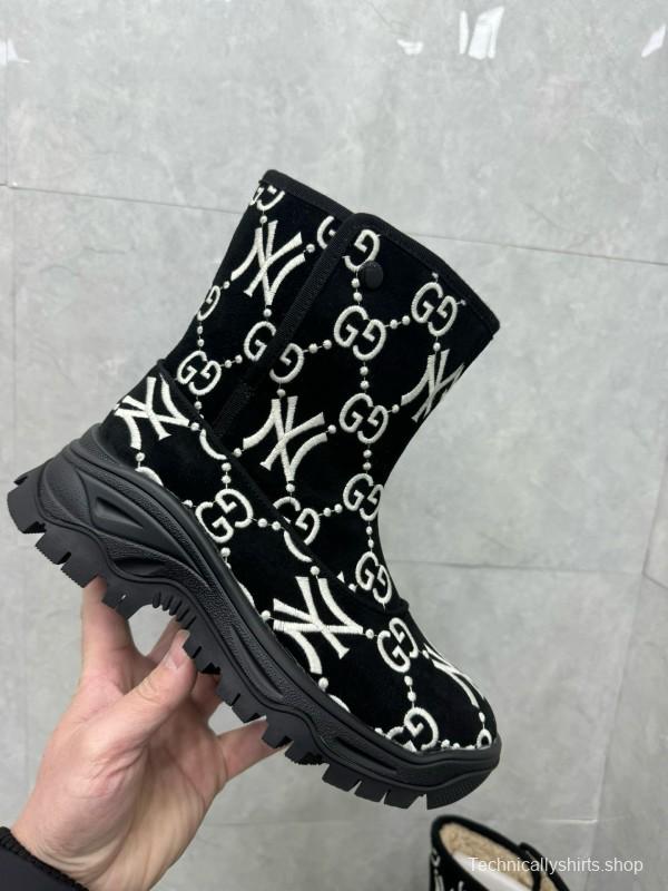 2024 Women Gucci Black White Suede Snow Boots GG NY Embroidery MJ00370