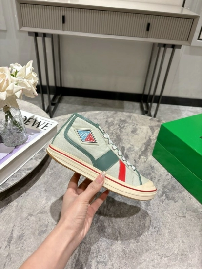 2025 Women Bottega Veneta Green White Red Canvas Leather High Top Sneakers