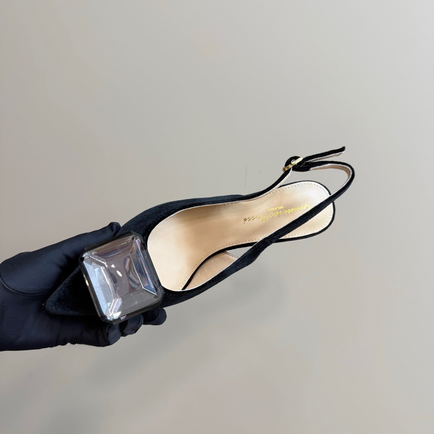 2025 Women Gianvito Rossi Black Velvet Slingback Heels Gemstone Decoration KFY00300