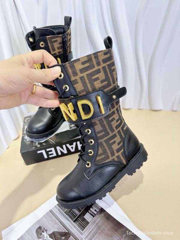 2024 Kids Fendi Black Brown Leather Fabric Boots