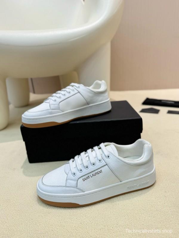 2024 Unisex Yves Saint Laurent White Silk Leather Sneakers Gold Hole Punch MJ00350