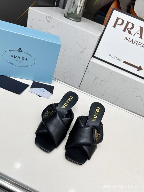 2025 Women Prada Black Soft Leather High Heel Mules KFY00270