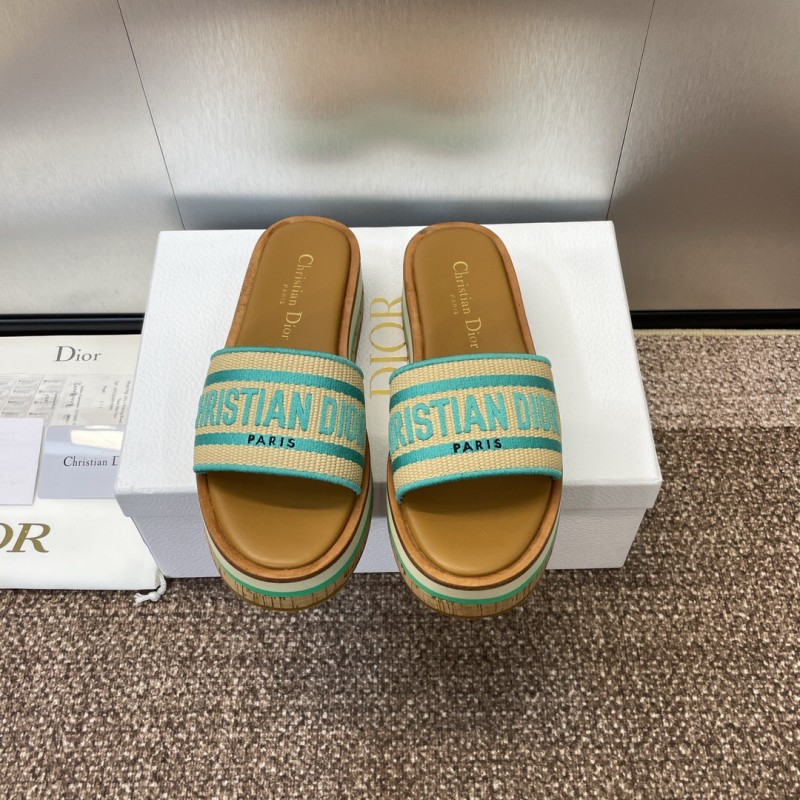 2025 Women Dior Blue Beige Fabric Leather Platform Slide Sandals